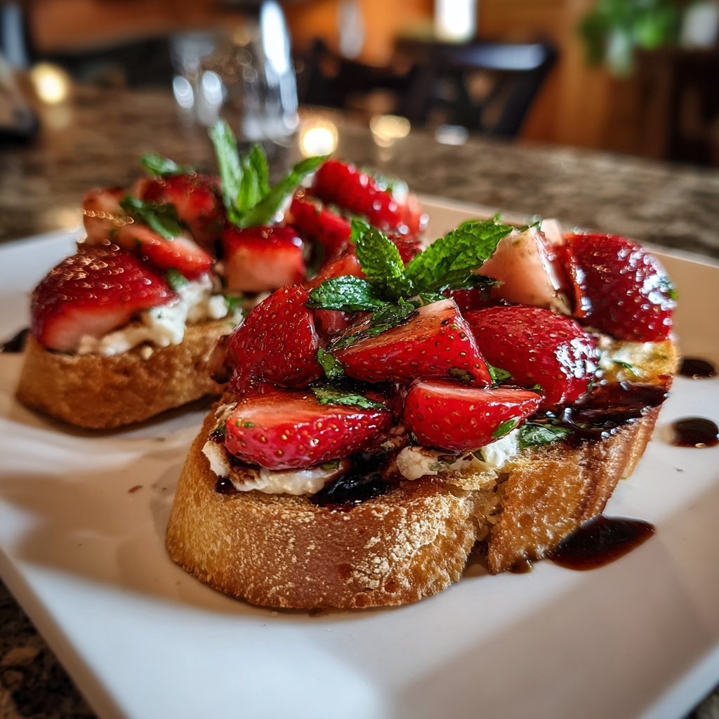 Herzförmige Bruschetta mit Erdbeeren